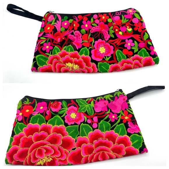 Embroidered Tropical Floral Bird Clutch Makeup Bag Travel Pouch Boho Colorful - Picture 1 of 12